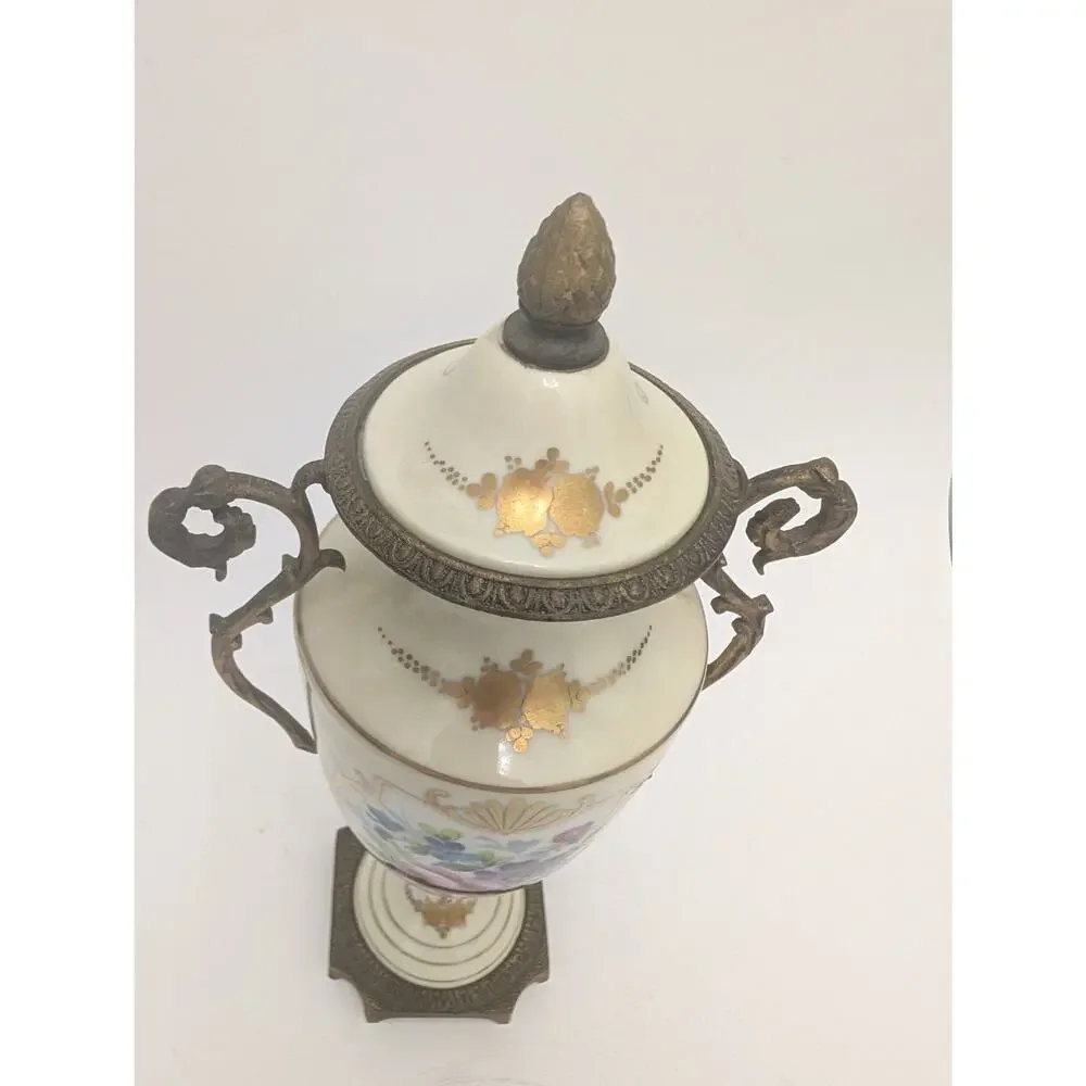 French Sèvres Style Porcelain Covered Urn Hand Painted Floral Vase 12.25